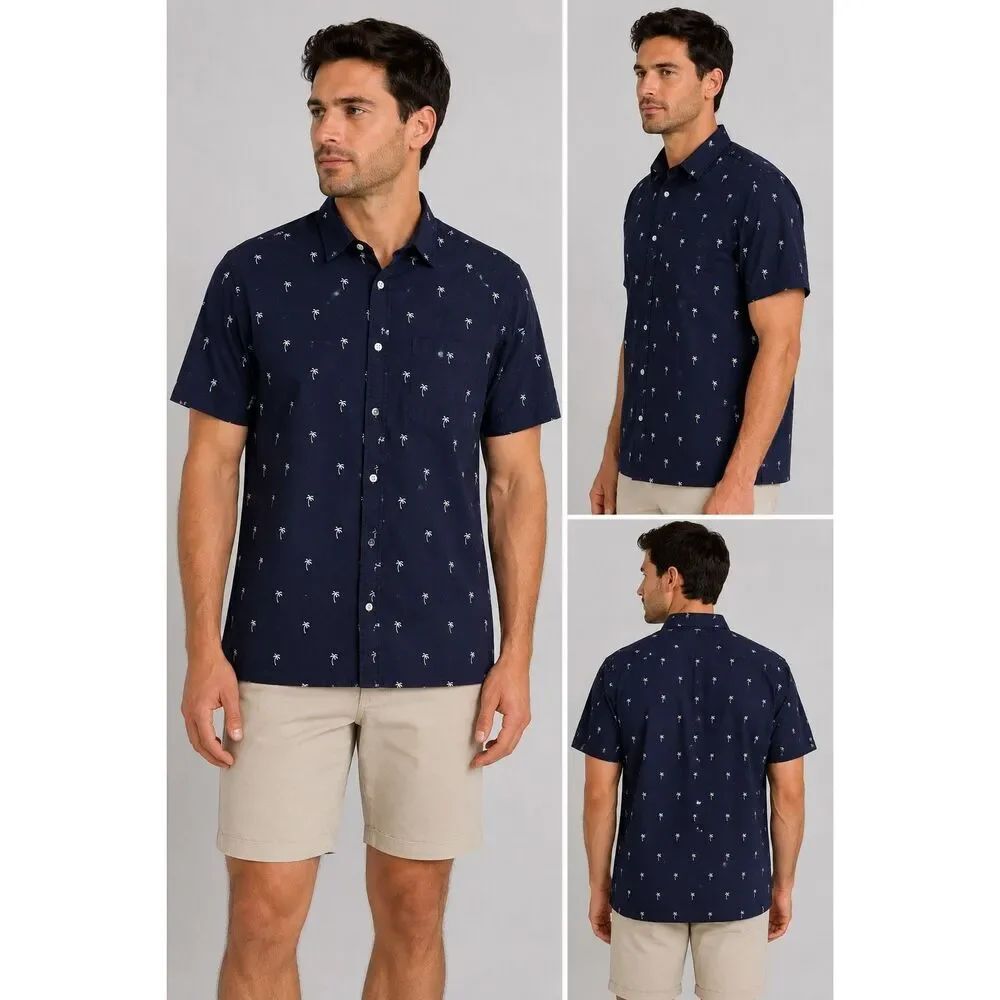 H&M Navy Palm Tree Print Button Up Shirt Short Sleeve 100 Cotton Size M